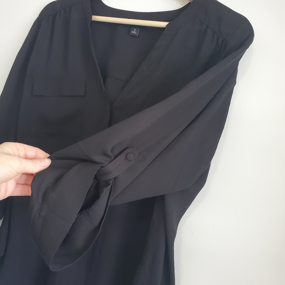 Torrid Harper 0 Blouse Black sheer 3/4 Sleeve Top 1/4 Button Collar Office Flowy